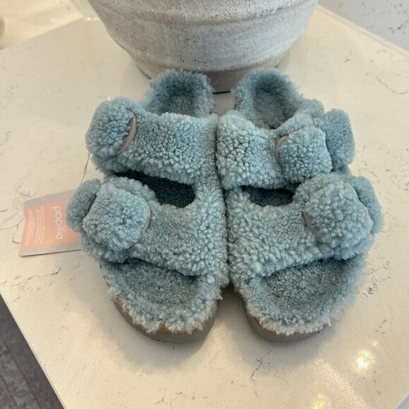 BIRKENSTOCK Arizona Big Buckle Genuine Shearling Slide Sandal in Faded Aqua - Picture 3 of 9